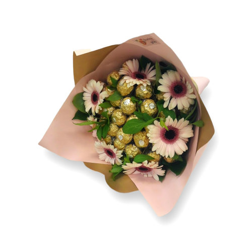 Gerberija - puokštė iš saldainių Skanios gėlės